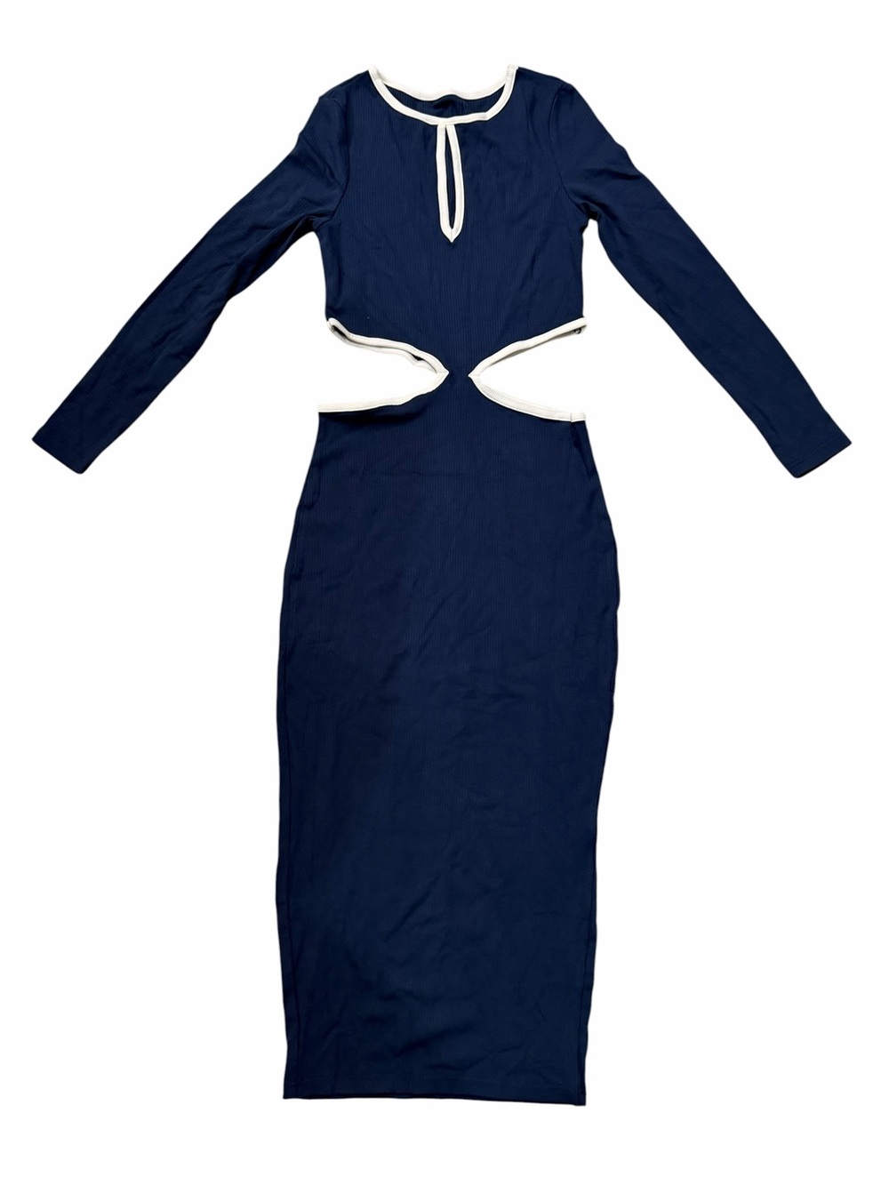Navy Long Sleeve Cutout Midi Dress with White Trim BODYCON Size Small